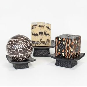 Set of 3 Hand Painted African Art Style Boho Candles Decorative Ceramic Holders